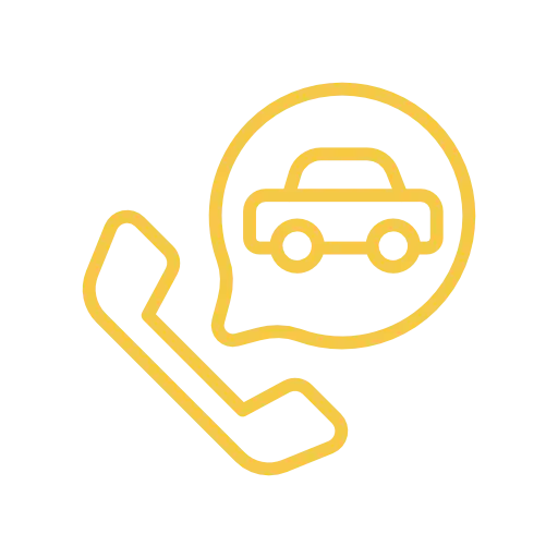 Icono lineal amarillo de auricular de teléfono con burbuja de diálogo que contiene la silueta de un auto.
