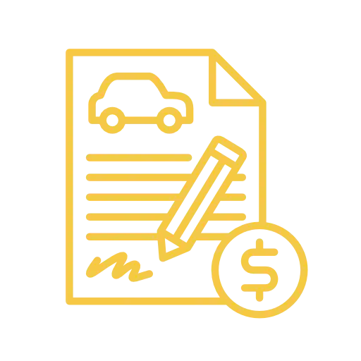 Icono lineal en color amarillo de documento firmado con silueta de automóvil, lápiz y moneda con signo de dólar.