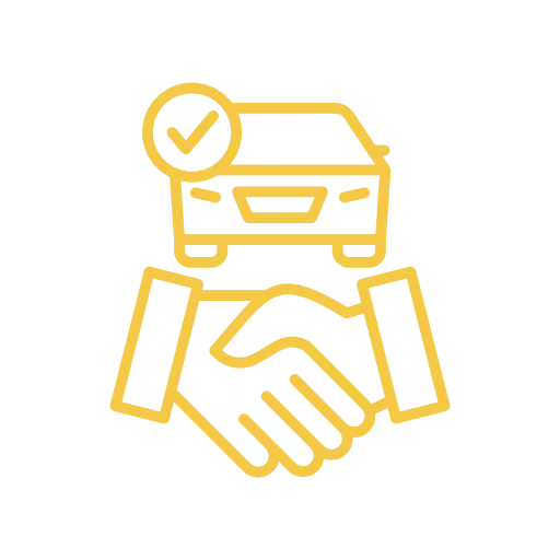 Icono lineal amarillo de apretón de manos con silueta frontal de un automóvil y un visto de aprobación.