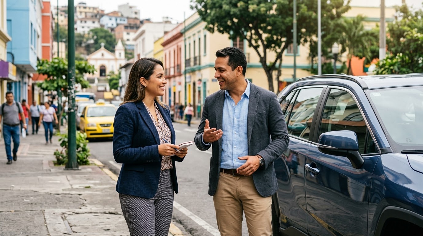 Dos profesionales conversan junto a una camioneta SUV azul en una calle urbana, con edificios y peatones al fondo.