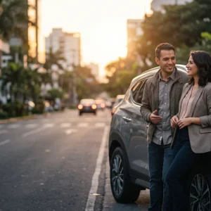Pareja ecuatoriana junto a su SUV nuevo en Guayaquil, logro de planificar la compra de su vehículo con AUTO CLUB